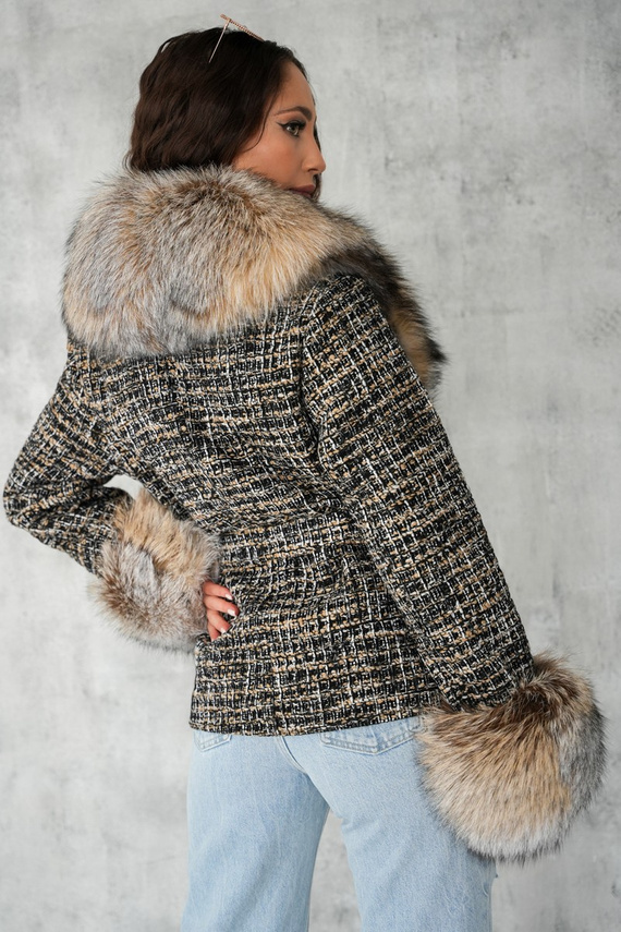 Wełniany żakiet z futrzanym obszyciem w odcieniach czerni i beżu