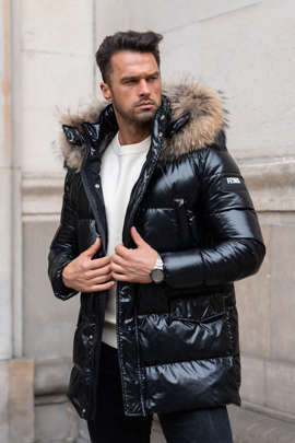 Czarna puchowa kurtka Paquito z futrzanym obszyciem