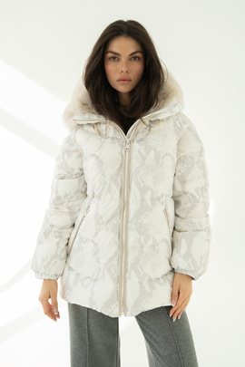 Biało szara włoska kurtka puchowa marki Flo&Clo z kapturem i futrzanym wykończeniem