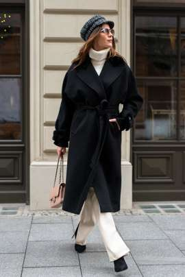 Czarny płaszcz z kaszmiru i wełny z dodatkiem norki