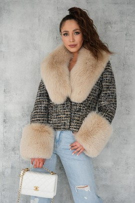 Wełniany żakiet z futrzanym obszyciem w odcieniach czerni i beżu