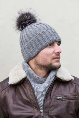 Męska czapka wełniana z pomponem z naturalnego futra srebrnego lisa