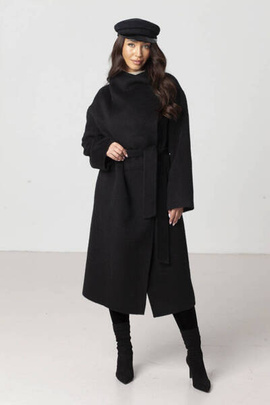 Czarny wełniany płaszcz z wełny wielbłądziej