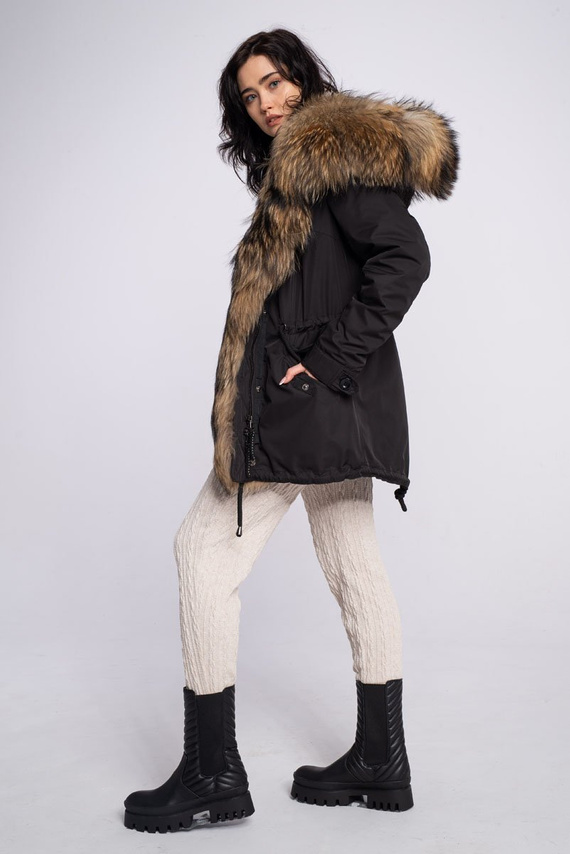 Czarna kurtka parka damska obszyta naturalnym futrem jenota