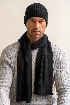 Czarny komplet czapka i szalik męski z wełmy merino i akrylu