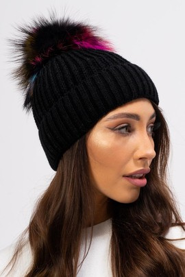 Czarna czapka wełniana z pomponem z naturalnego futra lisa