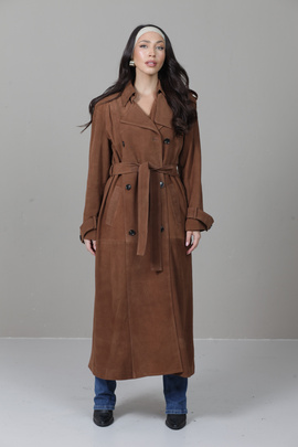 Koniakowy płaszcz ze skóry zamszowej