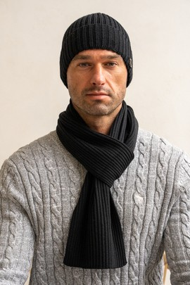 Grafitowy komplet czapka i szalik męski z wełmy merino i akrylu