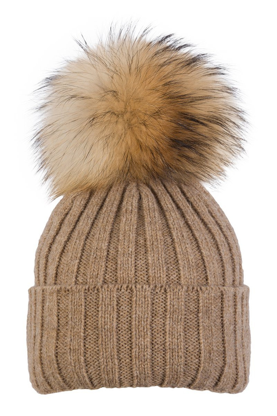 Czapka z alpaki w kolorze beżowym z pomponem z naturalnego jenota.