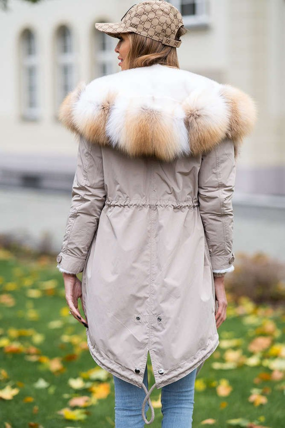 Beżowa parka z obszyciem z białej norki i lisa Gold Island