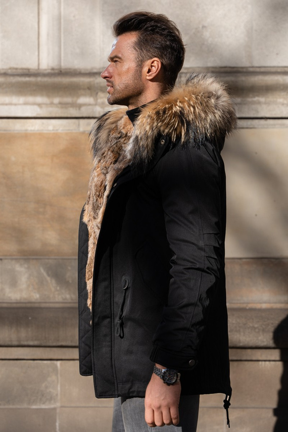 Czarna męska parka ocieplana futrem kanadyjskiego rysia