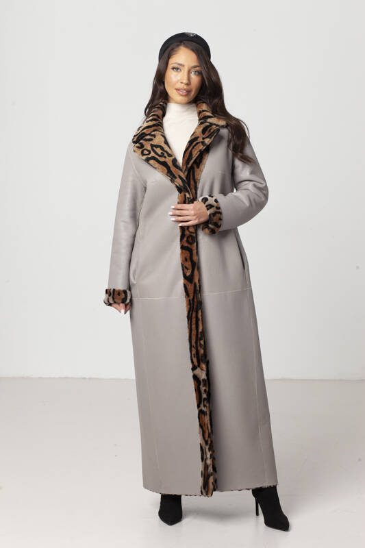 Długi dwustronny kożuch Leopard ze skór merino w zwierzęcy print