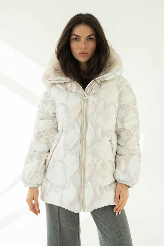 Biało szara włoska kurtka puchowa marki Flo&Clo z kapturem i futrzanym wykończeniem