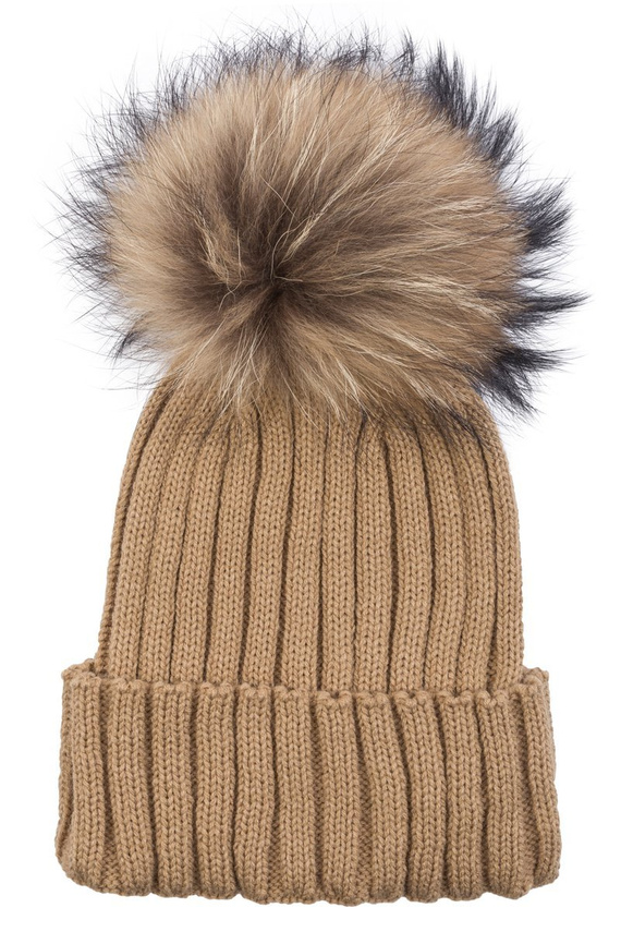 Czapka wełniana z pomponem z naturalnego futra jenota. 