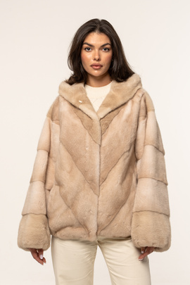 Beżowe futro z kapturem z naturalnych norek palomino